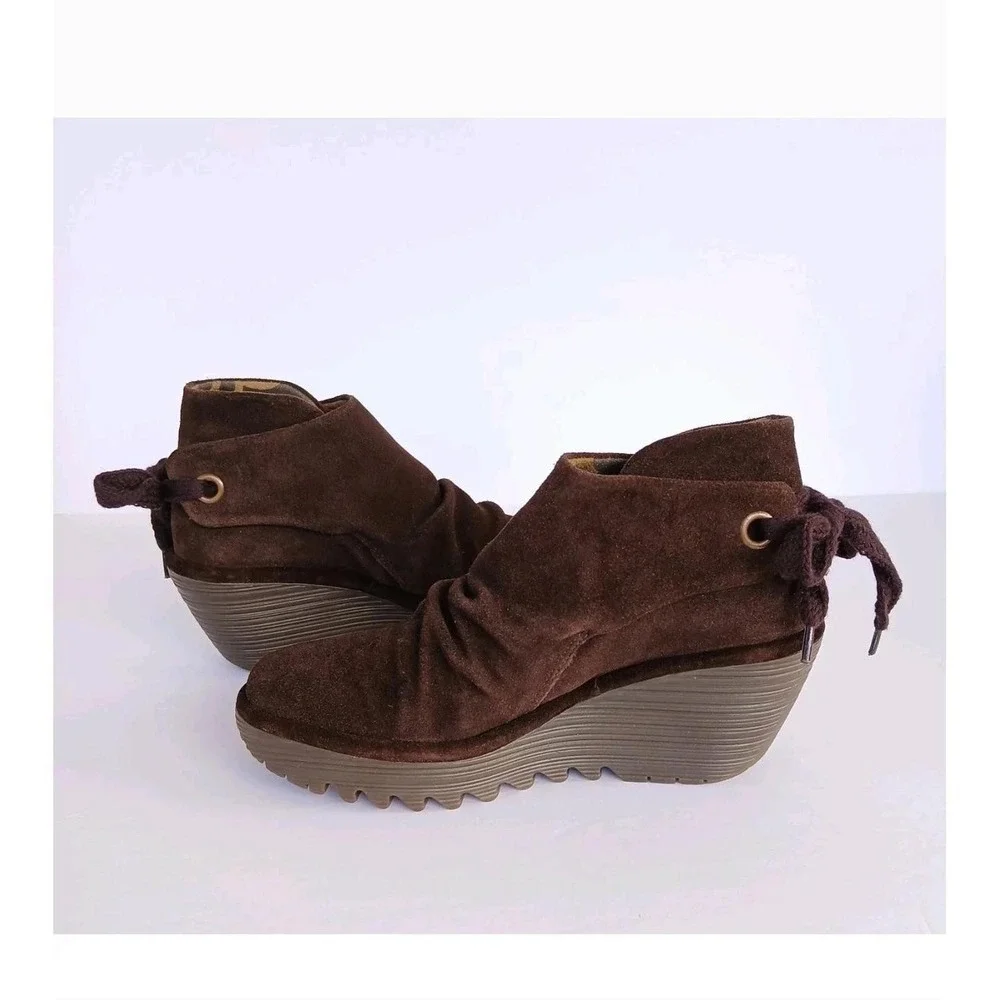 FLY‎ LONDON Womens Brown Suede Ruched Wedge Ankle Boots EU 35 US 5 4.5